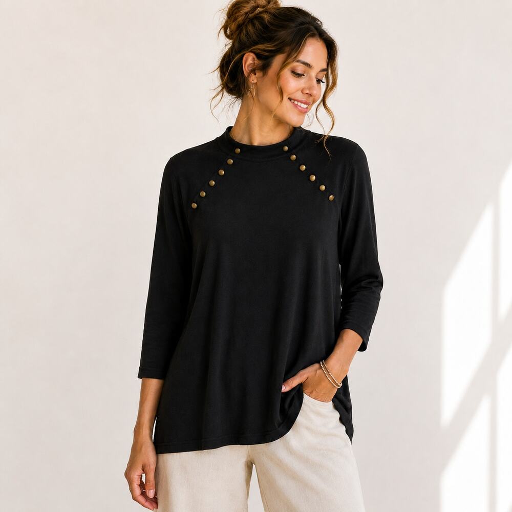 Susan Graver Liquid Knit Mockneck Blouse Women's Size XL Black Gold Buttons